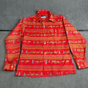 Vintage Obermeyer Men's Small Red Nylon Ski Shirt 70s Folk Art Reindeer Print